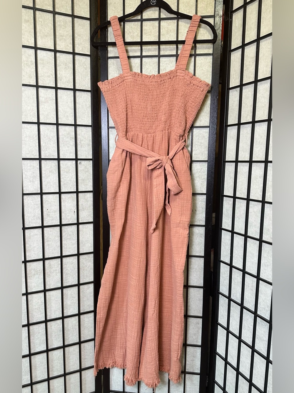 Dusty Rose Smocked Raw Hem Wide-Leg Jumpsuit
